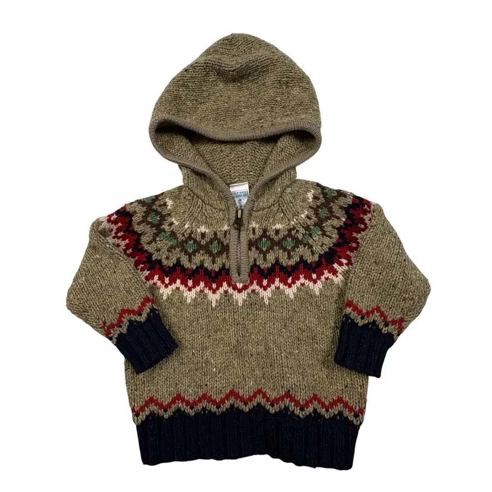 Old Navy Vintage Y2K Fair Isle Hooded Quarter Zip Sweater 12-18M Multicolor